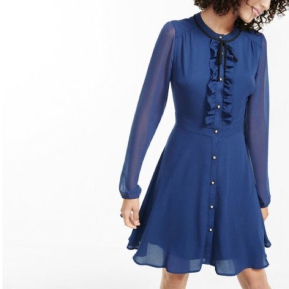 EXPRESS Long Sleeve Ruffled Chiffon Cobalt Blue Dress Sz 10 - Picture 1 of 7